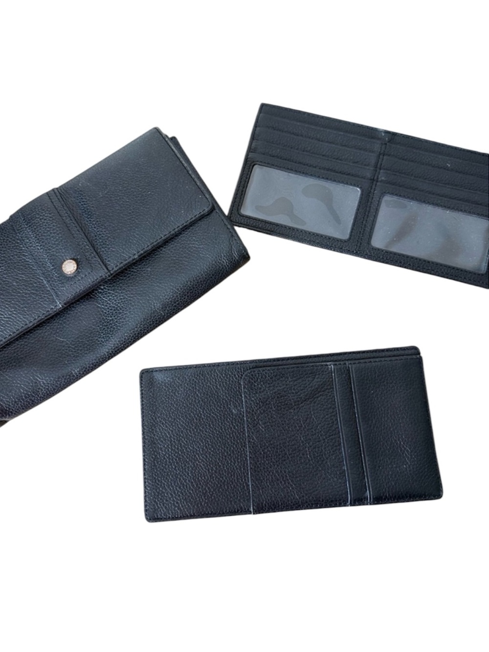 DANIER LEATHER 3pc Black Clutch Wallet Pebbled Removable Snap Closure *Flaw*